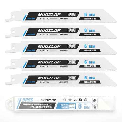 5 Pack 6 inch Reciprocating Saw Blades Set,18 TPI High Carbon Saw Blades, Metal Saw Blades with Organizer Case (5, 18TPI/150mm)