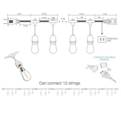 Banord Outdoor String Lights, 48FT Waterproof Patio Lights with 1W Dimmable LED Bulbs, White Hanging String Lights for Outdoor Backyard, Garden, Deck, Porch, Gazebo, Balcony, Camping, Party