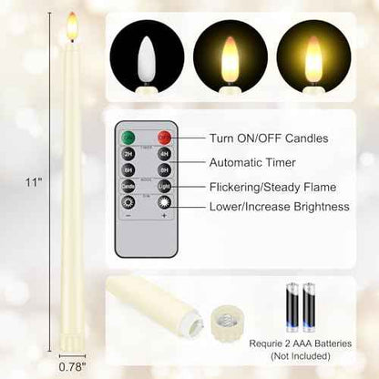 32 Pcs Flameless Taper Candles with Remote Timer, 11 inches Flickering Taper Candles Battery Operated, Ivory Plastic Long LED Candlesticks for Wedding Christmas Home Party Decor