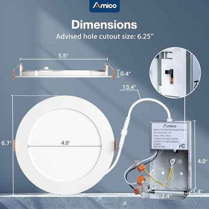 Amico 12 Pack 6 Inch 3CCT Ultra-Thin LED Recessed Ceiling Light with Metal Junction Box, 3000K/4000K/5000K Selectable, 12W Eqv 100W, Dimmable LED Canless Wafer Downlight, 1000LM-ETL&FCC