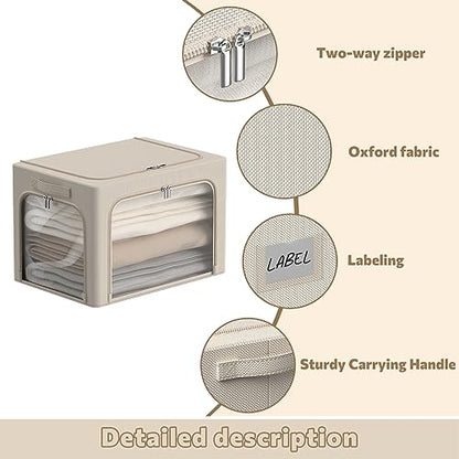 3Pack Clothes Storage Bins - Oxford Frame Storage Box Foldable Stackable Storage Organizer with 3 Openings Design, Metal Frame, Clear Window, Carry Handles (36L-15.7 * 11.8 * 11.8in, Beige)