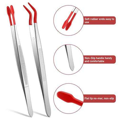 Rubber Tipped Tweezers, 2 Pcs PVC Coated Precision Tweezers Hobby Craft Tweezers Set, Long Bent and Straight Flat Tip Tweezers for Crafts Stamps Coin Beads Jewelry Industrial Electronic Lab (Red)