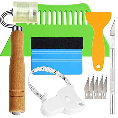 Adhesive Wallpaper Install Tool Kit with Double-sided Tape Measure, Craft Knife with 5 Blades, 3 Types of Scrapers, PU Hand Roller, for Wallpaper Window Film and Car Deadening Mats