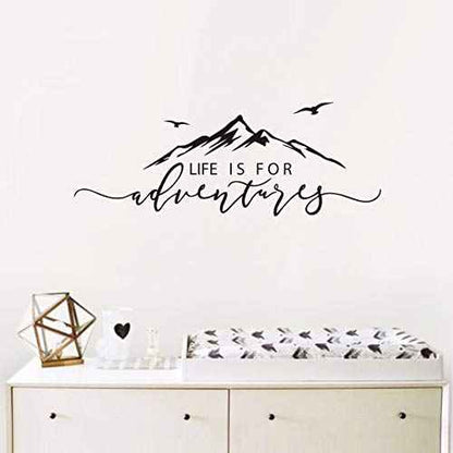 Life is for Adventures Wall Decal, Mountain Design Wall Sticker, Flying Birds Wall Sticker, Travel Decor, Adventure Decor, Home Decal Wall Stickers Y15 (57X23cm, Black)