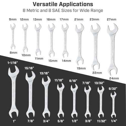 16-Piece Super-Thin Double Open End Wrench Set: 3mm Extra-Slim Profile for Tight Spaces ? Complete SAE & Metric Sizes ? Full Range Tool Kit for Car Repair, Garage & Home