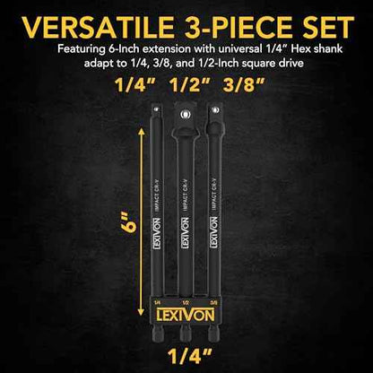 LEXIVON Impact Grade Socket Adapter Set, 6" Extension Bit With Holder | 3-Piece 1/4", 3/8", and 1/2" Drive, Adapt Your Power Drill To High Torque Impact Wrench (LX-102)