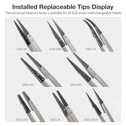 FEITA Anti Static Precision Tweezers ESD-Series Replacement Pointed, Curved & Flat Head, ESD Stainless Steel Twizzers Replaceable Carbon Fiber Plastic Tips With Locking Screws (8Types Each 1Pair)