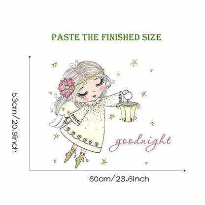 Cute Pink Little Angel Girl Wall Stickers, sacinora Cartoon Good Night Wall Decals Removable Vinyl Peel and Stick for Nursery Kids Baby Children's Room Living Room Bedroom Playroom Art Decorations