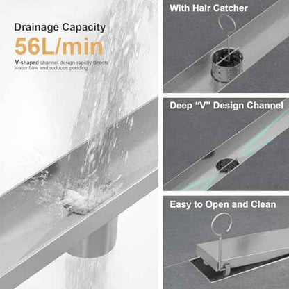 Linear Shower Drain, 24 Inch Brushed Nickel 304 Stainless Steel Shower Drain with Tile Insert Panels, Long Rectangle Shower Floor Drain with Adjustable Feet, Hair Catcher, Fits Bathroom, Balcony