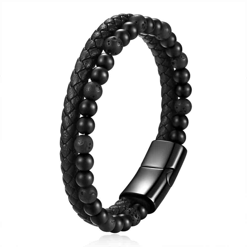 MYNENEY Stainless steel tiger eye stone cuff leather bracelet with bead, hand woven double-layer men's bracelet (Black, 9, Inches)