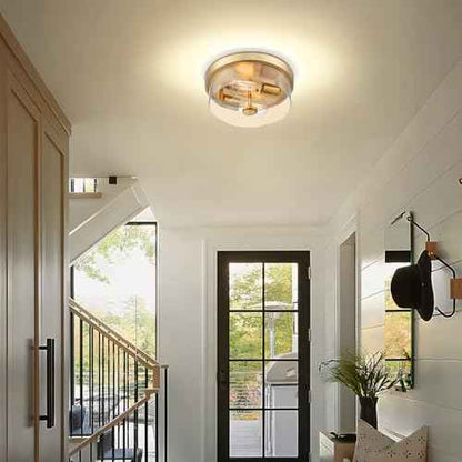 Gold Flush Mount Ceiling Light, 2-Light Hallway Light Fixtures, Modern Farmhouse Farmhouse Ceiling Light Clear Glass Brushed Gold Finish for Kitchen Porch Entryway