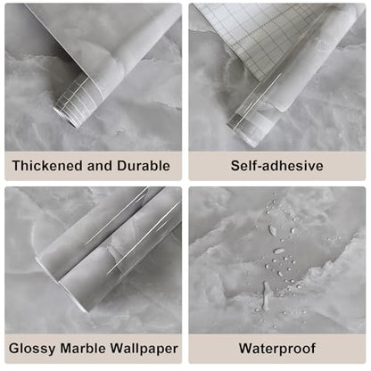 JSEVEM 16"¡¿118" Thick Grey White Cloud Pattern Marble Wallpaper Peel and Stick Vinyl Gray White Marble Contact Paper for Cabinet Waterproof Glossy Granite Wall Sticker for Walls Table Desk Countertops