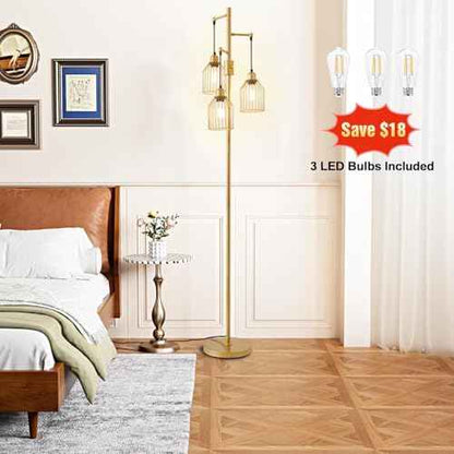Dimmable Floor Lamp for Living Room, Farmhouse Floor Lamps with Elegant Hanging Cage, 3 x LED Edison Bulbs Included, 68.5" Industrial Standing Light for Bedroom Office Home Decor (Gold)