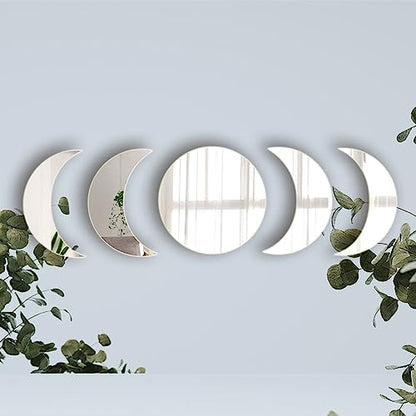 5 Acrylic Mirror Wall Stickers - Self Adhesive Moon Phase Mirrors - Bohemian Decor for Home, Living Room, Bathroom, Bedroom (15cm)