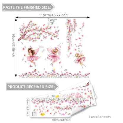 Pink Fairy Garden Wall Decals with Cherry Blossom Tree Floral Wall Stickers Peel and Stick Butterflies Birds DIY Wall Art for Girls Bedroom Baby Nursery Kids Room