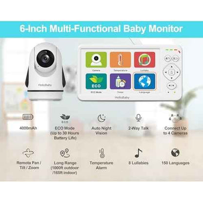 HelloBaby Baby Monitor with Camera and Audio, Large 6'' Video Baby Monitor No WiFi,30-Hour Long Battery, 320¡Æ Pan-Tilt Camera with 2X Zoom, Night Vision, 2-Way Talk,ECO,1000ft, Portable, 150 Languages