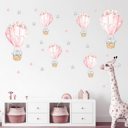 6 Pink Hot Air Balloons Sleeping Baby Elephants Stars Wall Stickers, sacinora Cute Art Wall Decals Removable Vinyl Peel and Stick for Kids Baby Girl Nursery Bedroom Toddler Room Decorations