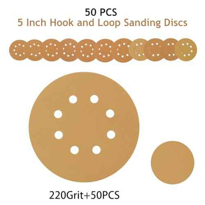 5 Inch 8 Hole Sanding Discs Hook and Loop, 50 PCS 220 Grit Sand Paper Disc for Random Orbital Sander, Gold Sandpaper Pads for Automotive and Woodworking