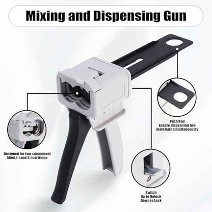 Dispensing Gun Kit, 50ml 1:1/1:2 Ratio Manual Epoxy Mixing Dispensing AB Gun, Used For Extruding two-component Adhesive with a Specification of 50ml, Static Mixer Nozzles Included