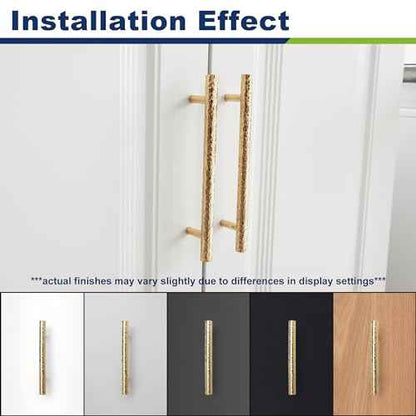 6-Pack Solid Brass Kitchen Cabinet Pulls, Gold Modern T-Bar Handles, 6-5/16-Inch Hole Center Hammered Handles for Dresser Drawer Cupboard, 8-1/8 Inch Total Length, Polished Finish