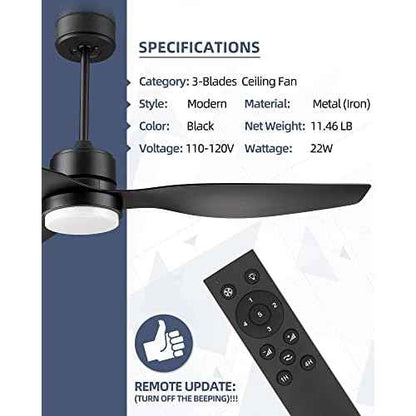 YOUKAIN 52 Inch Indoor/Outdoor Modern Ceiling Fan with Lights and Remote Control, Reversible Blades, for Living room, Bedroom, Bathroom, Matte Black, 52-YJ359-BK