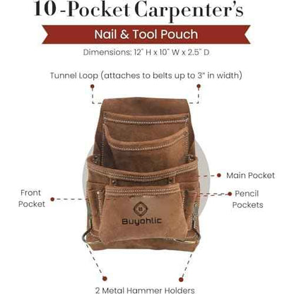 Buyohlic Heavy-Duty Suede Carpenter's Tool & Nail Bag ? 10-Pocket Construction Pouch, Dark Tan