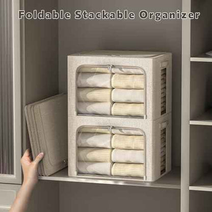 FHSQX 6 Pack Clothes Storage Bins with Metal Frame Foldable Storage Bins for Clothes Linen Fabric Storage Box with Clear Window (Beige, 15.7x11.8x7.8inch(22L))