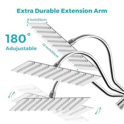 Shower Head, 12" Luxurious All Metal Rectangular Rain Shower Head with Handheld, High Pressure Rainfall Shower Heads wih Extension Arm Wide Dual Showerhead with Spray Combo Bathroom Accessories Chrome