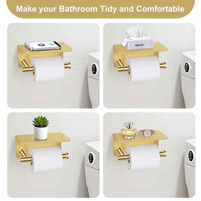 Brushed Gold Bathroom Hardware Set, 5 Pieces Gold Towel Bar Bathroom Accessories, Upgraded Toilet Paper Holder with Shelf Set, 23.6 Inch Towel Rack Towel Holder for Bathroom Wall