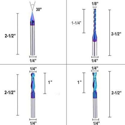 5PCS CNC Router Bits Set 1/4 inch Shank Spiral Carbide End Mill Multipurpose Router Bits for Engraving Sign Making Grooving Slots and Mortises