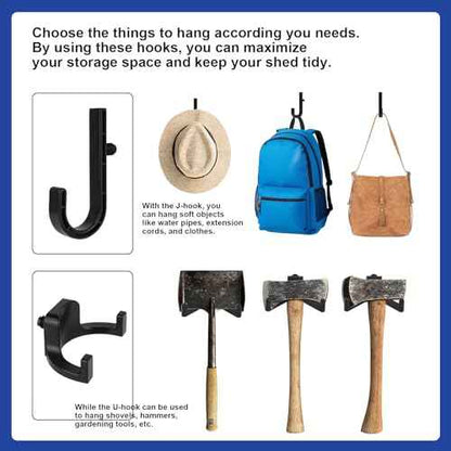 21 Pcs Storage Shed Tool Hooks, Craftsman Shed Shelves Accessories for Hanging Organization J/U-Shape ABS Hanger with Replacement Screws for Wrench Shovels Rakes (Black)