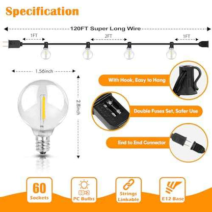 Brightever 120ft Outdoor G40 LED Globe String Lights Dimmable Waterproof Shatterproof Light Strings with 60+2 Bulbs Connectable Commercial Hanging Lights for Patio House Backyard Balcony