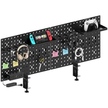 CCCEI Set Desk Organizer and Storage Pegboard with Charging Station, Gaming Standing Office Supplies Shelf Accessorie, Black Desktop Clamp Peg Board Privacy Organization Panel. Gifts for Men, 6FT.