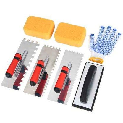Square Notched Tile Trowel Set, with Rubber Grout Float,Grout Sponge and Work Gloves,Ideal for Masonry Tiling Tools and Flooring Installation
