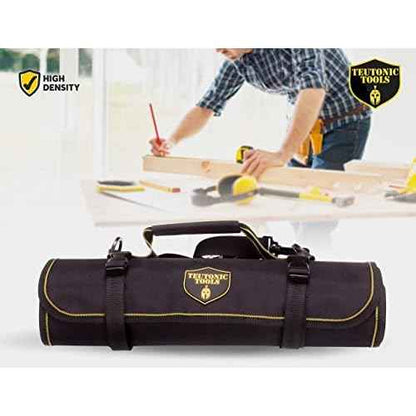 Teutonic Roll Up Tool Bag, 25 Pockets Pouch Waterproof Organizer Kit for Wrenches; Perfect Set for Mechanics, Electricians, Handymans;Keychain + eBook