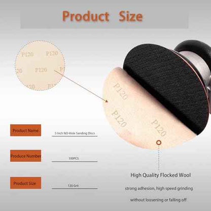 waltyotur 100Pcs Hook and Loop Sanding Discs 5 Inch NO-Hole 120-Grit Sandpaper Sanding Discs Hook and Loop Backing Aluminum Oxide Round Sandpaper for Polishing Accessories