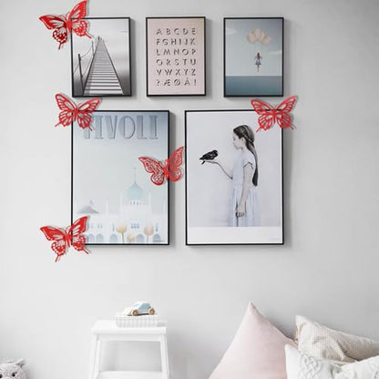 72Pcs 3D Butterfly Wall Decor - 3 Sizes, 3 Styles - Removable Butterfly Wall Stickers for Kids Nursery, Wedding, Bedroom & Room Decor (Red)