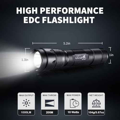 ULTRAFIRE Tactical Flashlight with Holster, 1000 Lumens Single Mode LED Flashlight with Duty Belt Holster, Bright Small EDC Flashlight with Flashlight Carry Case Pouch, WF-502B (Battery Not Included)