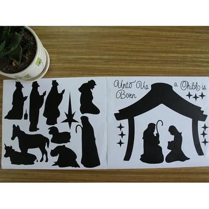 Large Christmas Nativity Scene Wall Decor Stickers Unto Us a Child is Born Nativity Vinyl Wall Decal - Christian Decor Mural YA296 (Black)