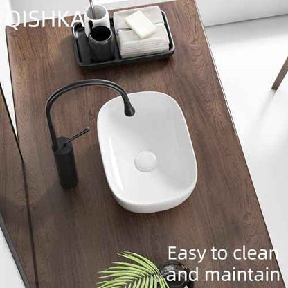 Small Vessel Sink Bowl Above Counter, QISHKA 14" x 10" Ceramic Oval Modern Bathroom Sink White Vanity Sink Lavatory Art Basin