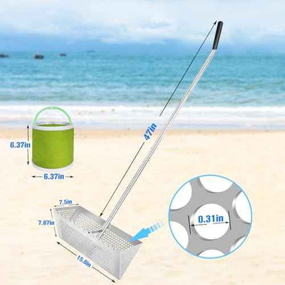 Sand flea rake - 304 Stainless Steel Pro 15.8 Inches Wide Basket Sand Sifter , Curved Handle Design Collapsible Sand Fleas Catcher for Travelling