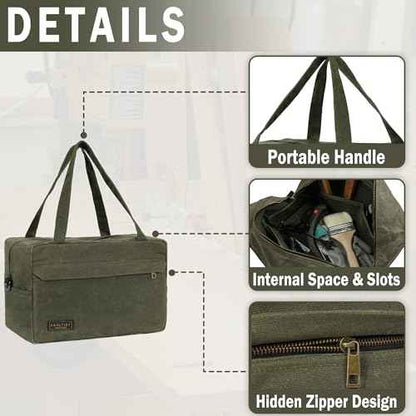 16OZ Waxed Canvas Tool Storage Bag, Heavy Duty Hand Tools Organizer with Hidden Zipper Pocket & 4 Internal Slots & Carrying Handle | Army Green | Multi-Purpose Tool Bag for Mechanic Electrics - S