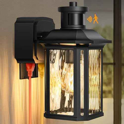 Porch Lights with GFCI Outlet, Dusk to Dawn Motion Sensor Outdoor Lights with E26 Sockets & Glass Shades, Waterproof Anti-Rust Sconce Light, Outside Wall Lamps for House, Black