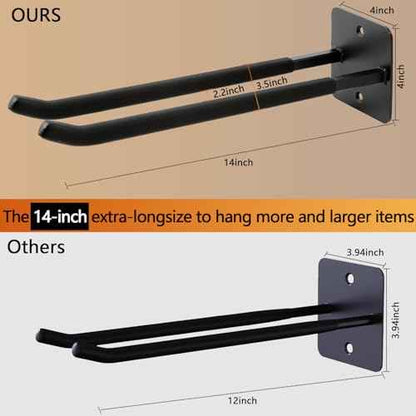Sinoer Upgraded Garage Hooks,Shed Organizer, Utility Steel Garage Storage Hooks, 14 Inch Square Tube Garage Wall Mount Double Hooks for Yard, Tools, Car Tire, Garden Tools, 2 Pieces