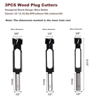 3PCS Wood Plug Cutters Set, Wood Tenon Maker Dowel Pocket Hole Plug Cutters, Woodworking Drill Bit, Suiatble for Making 3/8" 1/2" 5/8" Wood Dowel Pins- (Wood Plug Cutters)