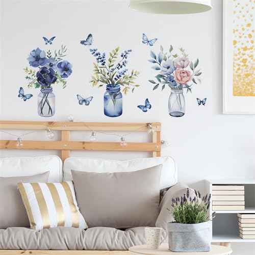 Blue Flower Vase Butterfly Wall Stickers, sacinora Floral Art DIY Wall Decals Removable Vinyl Peel and Stick for Living Room Bedroom Study Room Nursery Decorations