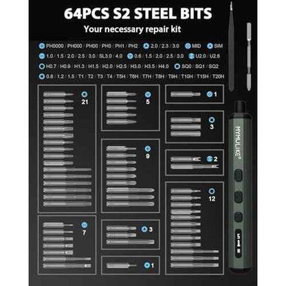 68pcs Electric Screwdriver Set, Mini Precision Screwdriver 3.7V Power Screwdriver- 64 S2 Magnetic Bits, 5 Torque Settings, 4 LED Lights, Repair Tool for Work Phone Camera Laptop Watch