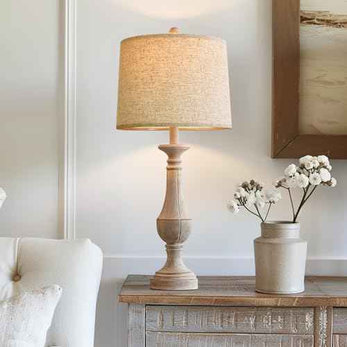 PoKat 27.25'' Table Lamp for Living Room with 2 USB Ports - Bedside Lamps for Night Stands, Farmhosue Nightstand Light Lamp, Mid Century Tall Lamp for Bedroom, Living Room, End Table, Distressed White