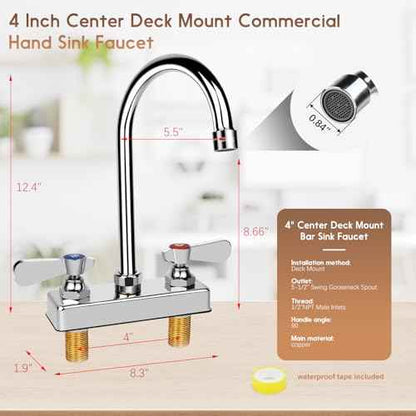 Commercial Bar Sink Faucet 4 Inch Center Deck Mount, 5-1/2" Gooseneck Swivel Spout Hand Sink Faucet with Ceramic Valve, 2 Hole Brass Constructed & Chrome Polished with Dual Lever Handles