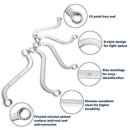 Offset S-Style Box End Wrench Set, 5-Piece, Chrome Vanadium Steel, 10x11mm, 12x13mm, 14x15mm, 16x17mm, 18x19mm